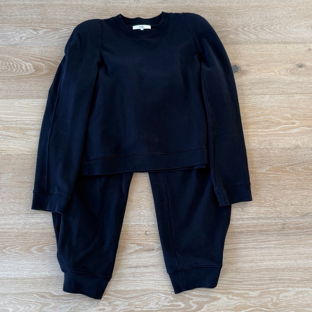 Tibi Sculpted Sweatshirt & Calder Sweatpants Set Navy Blue Sz Med